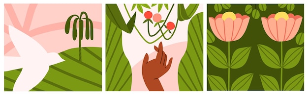 Gráfico moderno abstracto de vector dibujado a mano ilustración de imágenes prediseñadas del personaje femenino boho joven en la naturaleza tropical con formas abstractas hojas flores Conjunto de diseño de mujer moderna Concepto de naturaleza femenina