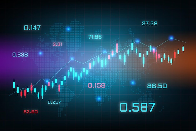 Gráfico de negociación del mercado de valores para investigación e inversión con fondo de mapa mundial. conceptos, informes e inversiones de gráficos de comercio de divisas sobre fondo azul. negocio financiero global.