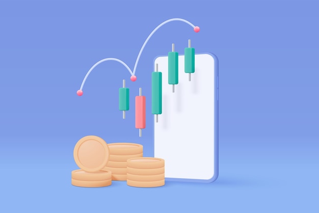 Gráfico de negocio de financiación de teléfonos móviles 3D en solución creativa Concepto de negocio de crecimiento de monedas de dinero para financiación notificación de inversión pago en línea Ilustración de icono vectorial de comercio 3D