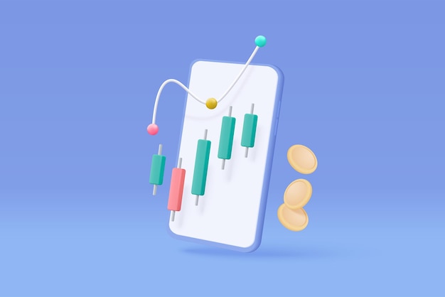 Gráfico de negocio de financiación de teléfonos móviles 3D en solución creativa Concepto de negocio de crecimiento de monedas de dinero para financiación notificación de inversión pago en línea Ilustración de icono vectorial de comercio 3D