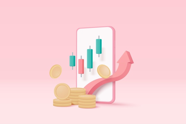 Gráfico de negocio de financiación de teléfonos móviles 3D en solución creativa Concepto de negocio de crecimiento de monedas de dinero para financiación notificación de inversión pago en línea Ilustración de icono vectorial de comercio 3D