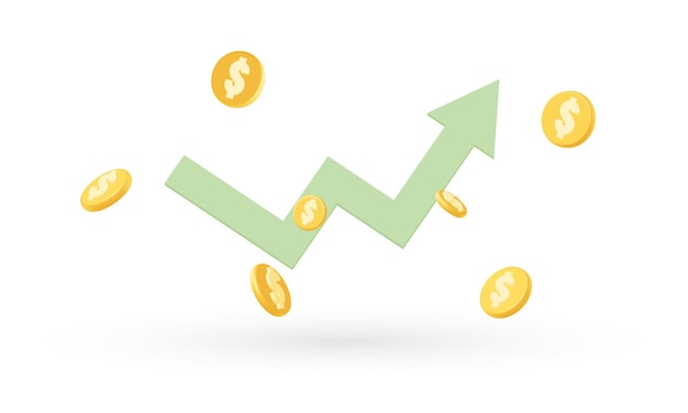 Vector gráfico de negocios verde en forma de flecha hacia arriba y monedas sobre fondo blanco comercio de pérdidas y ganancias