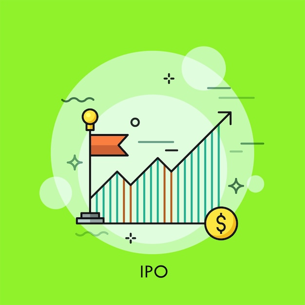 Gráfico o tabla ascendente, bandera roja y moneda de dólar.