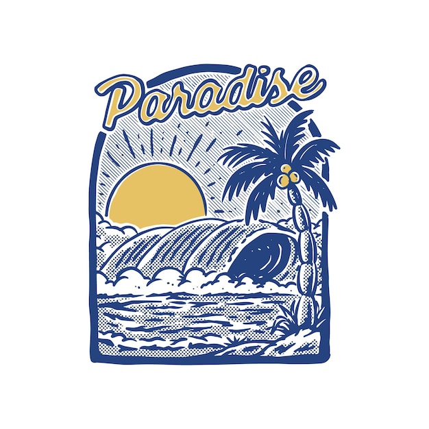 Vector un gráfico de una ola y una palmera con las palabras paraíso.