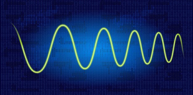Gráfico de ondas de neón contra el fondo de código binario