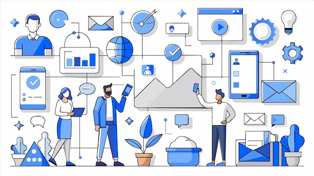 un gráfico de personas que trabajan en una reunión con un fondo azul con un diagrama del plan de negocios