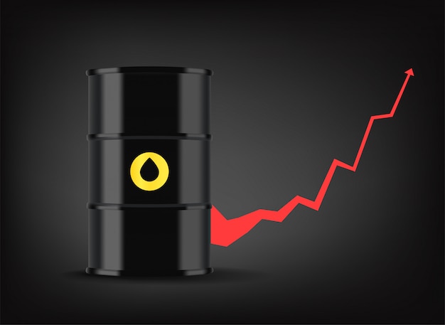 Gráfico del precio del petróleo. Barril de metal negro con aceite. Negocio en crecimiento