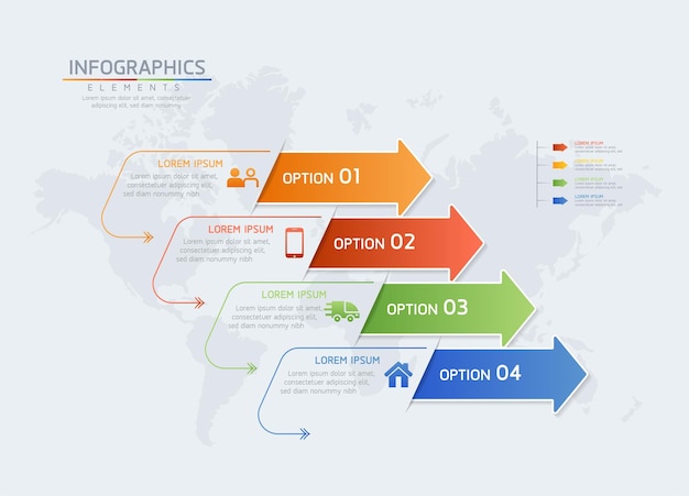 Gráfico de presentación de información empresarial de plantilla de diseño de infografías con 4 opciones o pasos