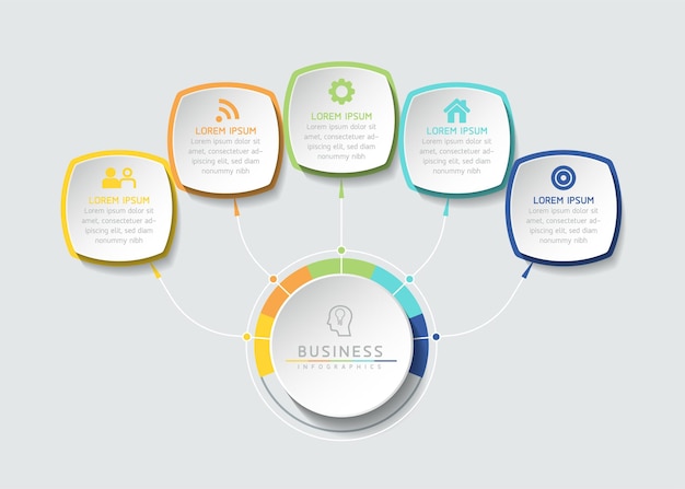 Gráfico de presentación de información empresarial de plantilla de diseño de infografías con 5 opciones o pasos