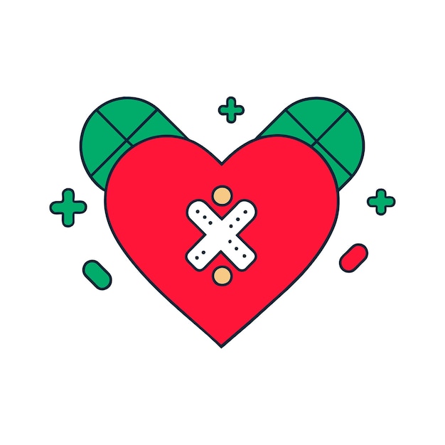 Un gráfico que muestra un contorno de corazón rodeado de vendajes y símbolos