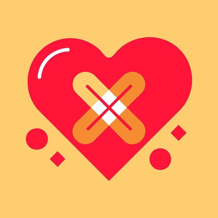 Un gráfico que muestra un contorno de corazón rodeado de vendajes y símbolos