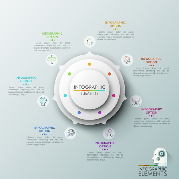 Gráfico redondo blanco con 7 flechas apuntando a iconos de líneas finas de colores y cuadros de texto. Concepto de puntero circular con siete opciones.