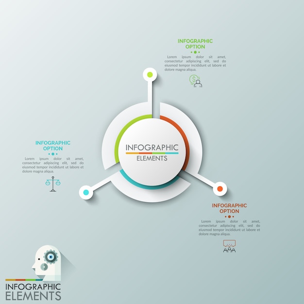 Gráfico redondo dividido en tres sectores con partes proyectadas largas, pictogramas de línea delgada y cuadros de texto. Tres características principales del proceso de desarrollo empresarial.