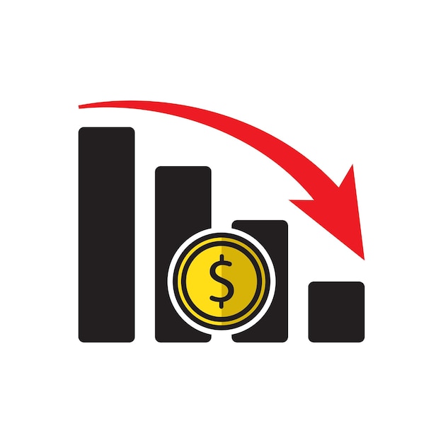 gráfico de reducción de costos concepto de diseño de símbolos de crisis financiera monedas y flechas en declive