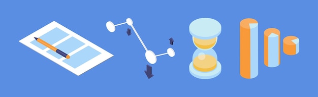 Gráfico de reloj de arena de papel y gráfico como conjunto vectorial de iconos isométricos de negocios