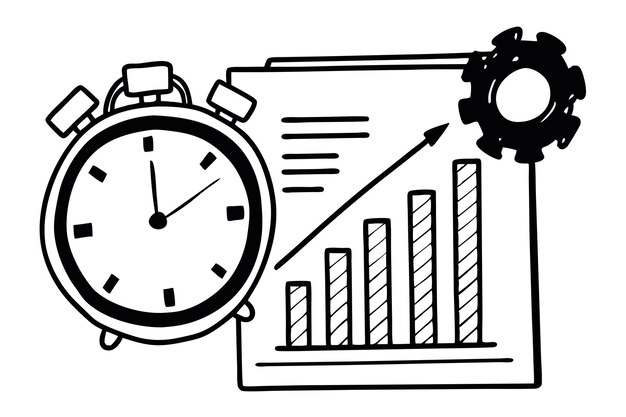 Gráfico de reloj y creciente Aumento de la productividad del flujo de trabajo Aumento de las métricas de eficacia