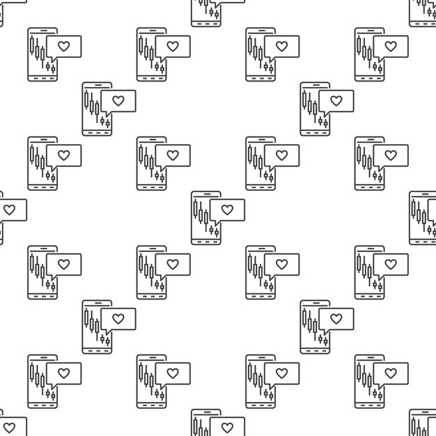 Gráfico de teléfonos inteligentes y velas con corazón en habla Vector de burbuja Amantes de la inversión Línea delgada patrón sin costuras