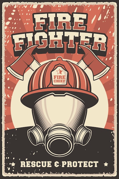 Vector gráfico de vector de ilustración vintage retro del servicio del departamento de bomberos de bombero apto para cartel de madera