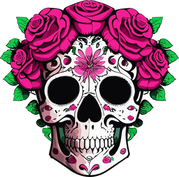 Vector gráfico vectorial de calavera con rosas rosadas