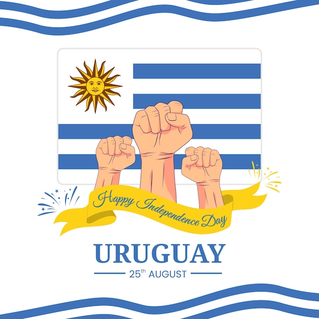 Gráfico vectorial del Día de la Independencia de Uruguay para tarjetas de felicitación con fuegos artificiales de puño cerrado y cinta