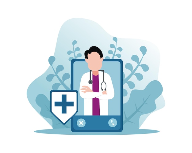 gráfico vectorial de ilustración de un médico masculino que usa estetoscopio dentro del teléfono inteligente