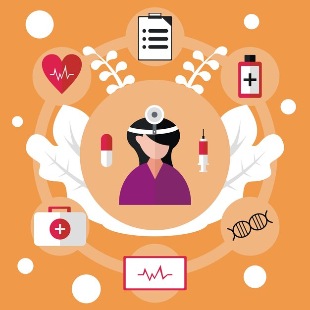 gráfico vectorial de ilustración del médico que lleva una lámpara de cabeza que muestra equipo médico