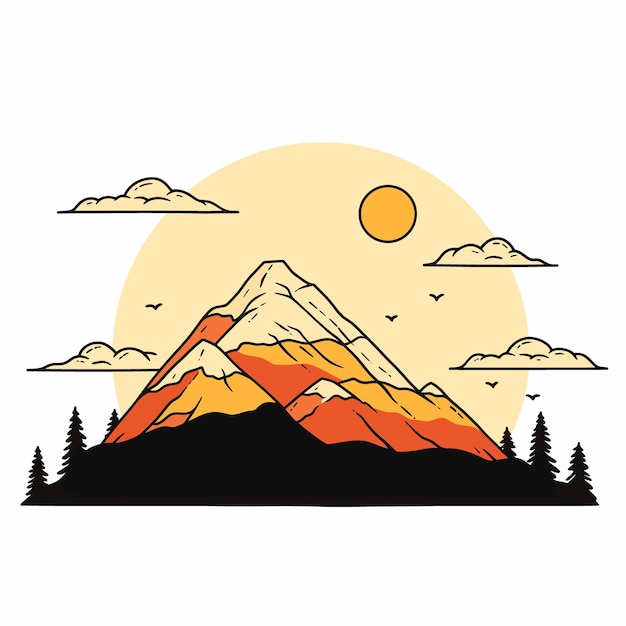 Gráfico vectorial de línea simple de la parte superior de los picos de las montañas con sol simple plano