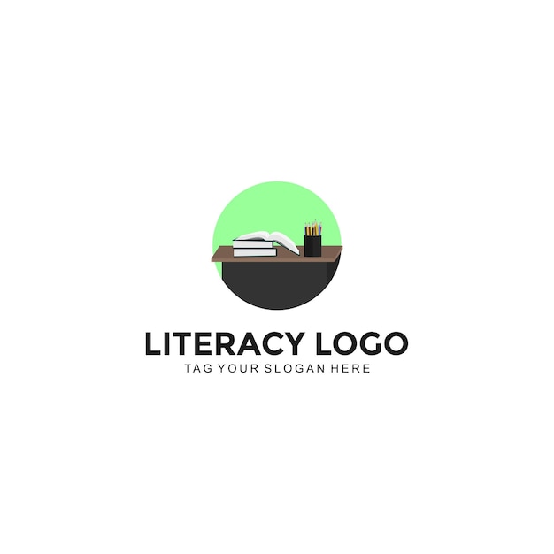 Gráfico vectorial del logotipo de alfabetización con libro y mesa.