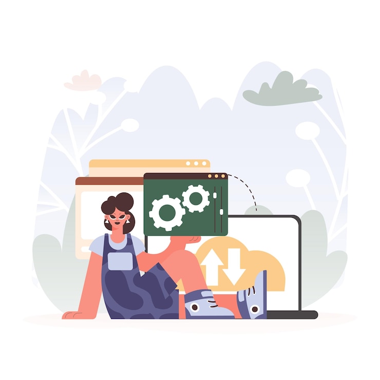 Vector un gráfico vectorial de una mujer energizada sosteniendo una ventana del navegador con engranajes y torsión idealizada para conceptos de tecnología y mejora