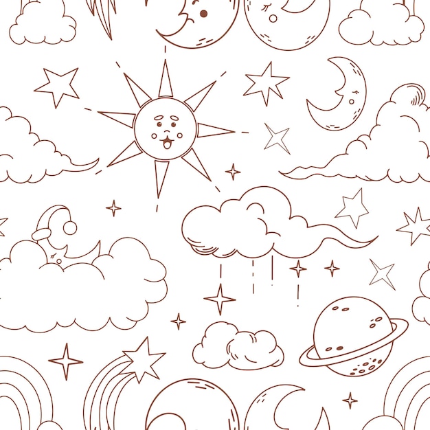 Vector gráfico vectorial de patrones sin fisuras con sol, luna, nubes, estrellas, planeta y arco iris, diseño de dibujos animados