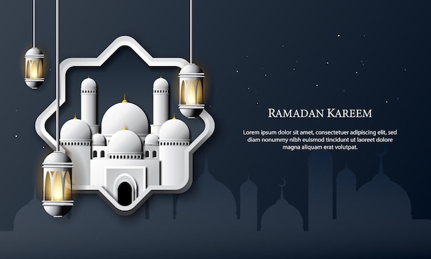 Gráfico vectorial de Ramadan Kareem con Mezquita Blanca y Linterna Apto para papel tapiz de tarjetas de felicitación y otros