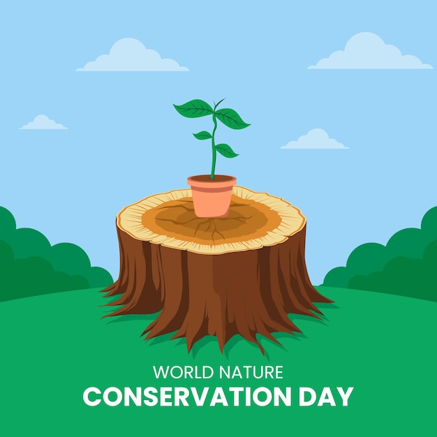 Gráfico vectorial de tocones de árboles y nuevas plantas en macetas adecuadas para el día mundial de la conservación de la naturaleza