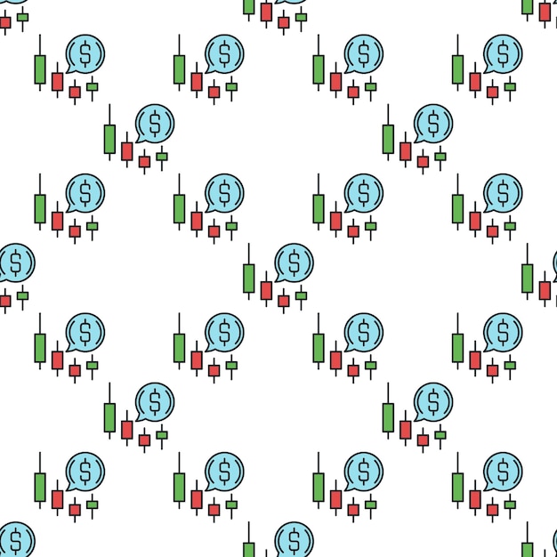 Gráfico de velas y discurso Vector de burbujas Comercio de criptomonedas patrón sin costuras de color