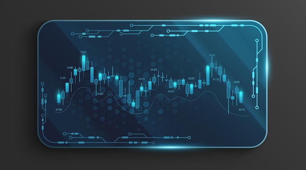 Gráfico de velas del mercado de valores digital mostrado en una tarjeta de vidrio 3D de tecnología brillante