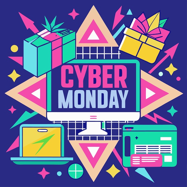Gráfico de venta del lunes cibernético con regalos de formas geométricas coloridas e íconos de tecnología