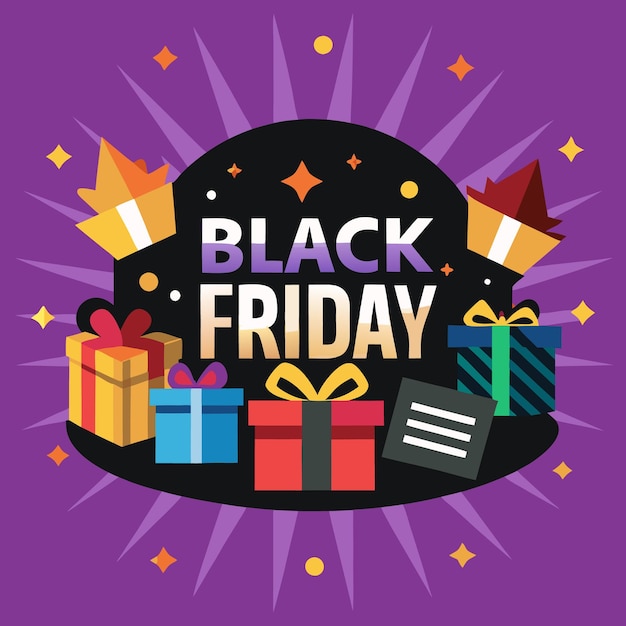 Un gráfico de venta del Viernes Negro con las palabras "Viernes Negro" en el centro rodeado de cajas de regalos y estrellas