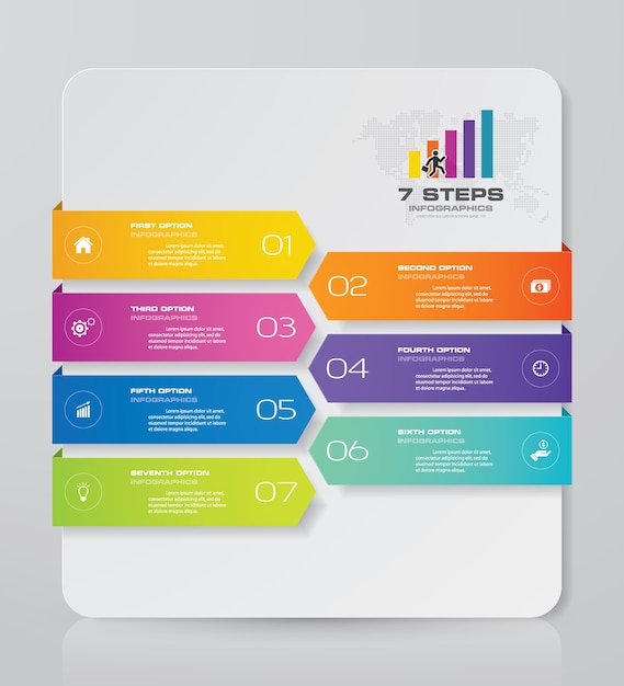 Gráficos de 7 pasos de elementos infográficos para presentación de datos.