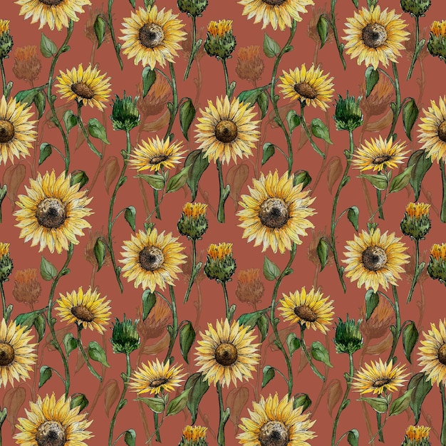 Gráficos de acuarela patrón de dos capas sin costuras de flores de girasoles sobre un fondo marrón