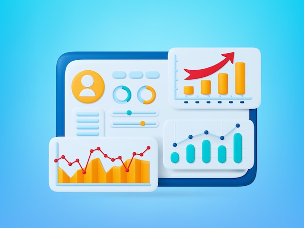 Gráficos analíticos de cuentas personales Información sobre el usuario o el comprador Data financiera del servicio al cliente Gráfico de aplicación web digital vectorial 3D