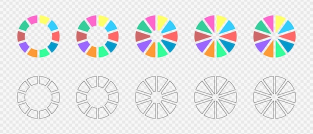 Gráficos de anillos divididos en 10 secciones multicolores y gráficas Diagramas circulares o barras de carga