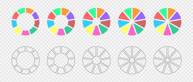 Gráficos de anillos segmentados en 9 partes en variaciones de colores y contornos juego de ruedas infográficas