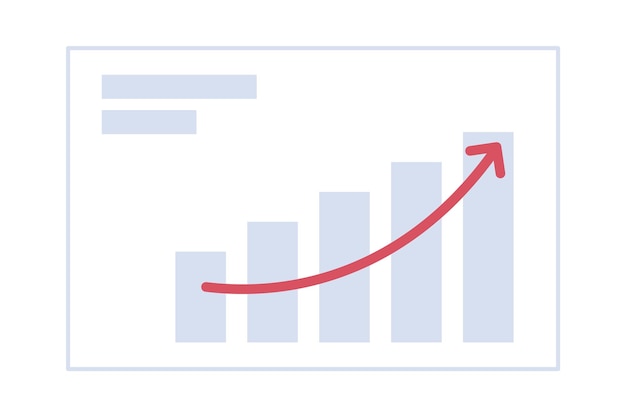 Gráficos de barras flecha subiendo objeto de dibujos animados 2D gráficos de rendimiento elemento vectorial aislado fondo blanco ganancia de acciones tendencia del mercado meta de la compañía gráfico de resultados financieros ilustración de punto plano de color