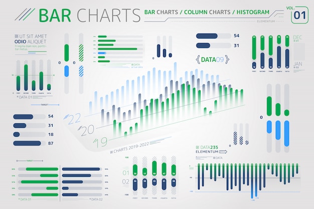 Gráficos de barras, gráficos de columnas e histogramas Elementos infográficos