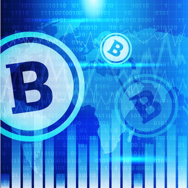 Gráficos de bitcoin en el mapa del mundo azul fondo crypto moneda comercio concepto datos infografía banner