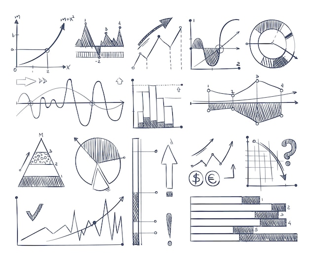 Gráficos y diagramas de negocios establecidos en estilo garabato imágenes vectoriales gráficos y diagramas ilustración infográfica de datos de gráficos