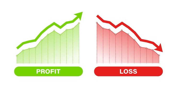 Vector gráficos de ganancias y pérdidas financieras flecha verde hacia arriba y flecha roja hacia abajo comercio de pérdidas y ganancias del comerciante disminución de las ganancias de la crisis financiera concepto de finanzas gráfico con símbolo de flecha hacia arriba y hacia abajo