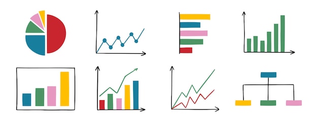 gráficos y gráficos conjunto de iconos dibujados a mano diferentes tipos de gráficos para la presentación de negocios datos y análisis diagrama dibujo conceptual de dibujos animados