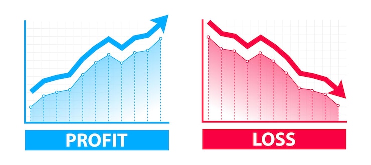 Vector gráficos gráficos de pérdidas y ganancias financieras. flecha azul hacia arriba y flecha roja hacia abajo. negociación de pérdidas y ganancias del comerciante. crisis financiera, disminución de beneficios. gráfico de concepto de finanzas con el símbolo de flecha hacia arriba y hacia abajo