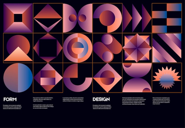 Gráficos de ilustraciones de diseño generativo de formas vectoriales de computadora y elementos de diseño geométrico abstracto.