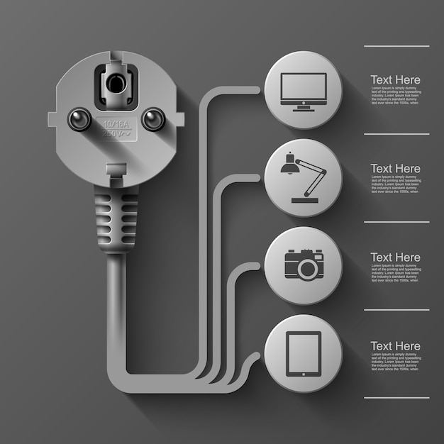 Gráficos de información empresarial, enchufe eléctrico, cuadrado con sectores de información debajo, ilustración